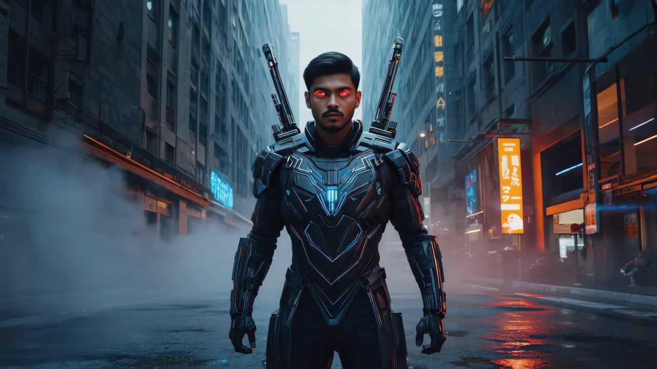 Futuristic Cyborg in Urban Cityscape