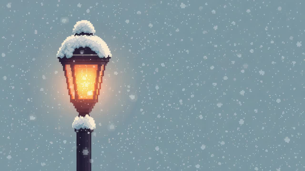 Glowing vintage lamp emitting warm orange light at snowy street, falling snow and camera drifting