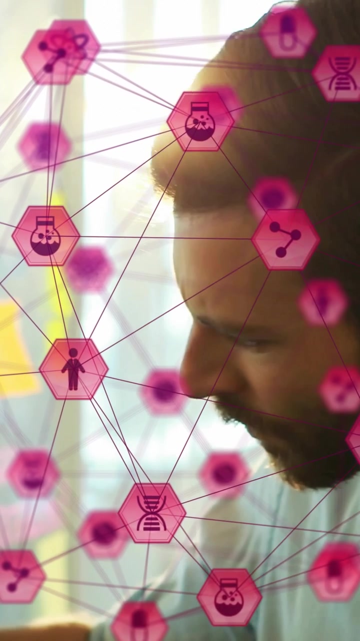 Vertical video: Man reaching and starting AR, analyzing health data with pink hex overlaying frame