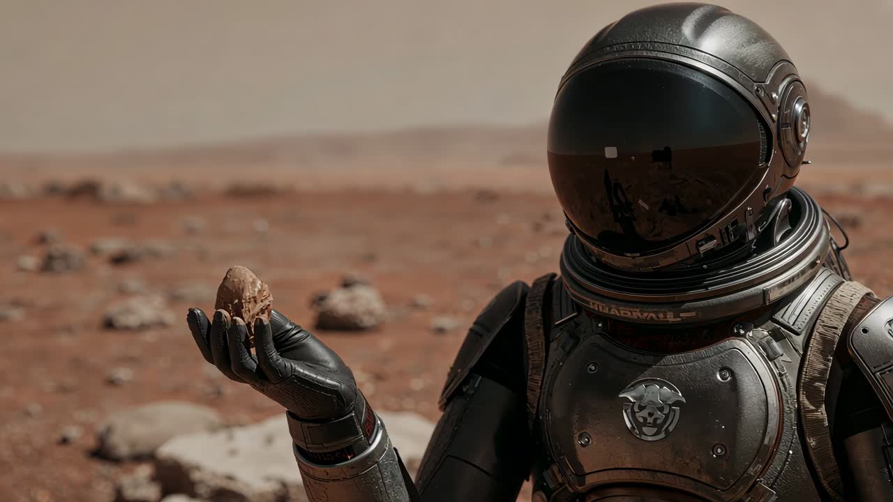 Raising suited astronaut presenting small brown rock on red plain, rotating specimen for inspection