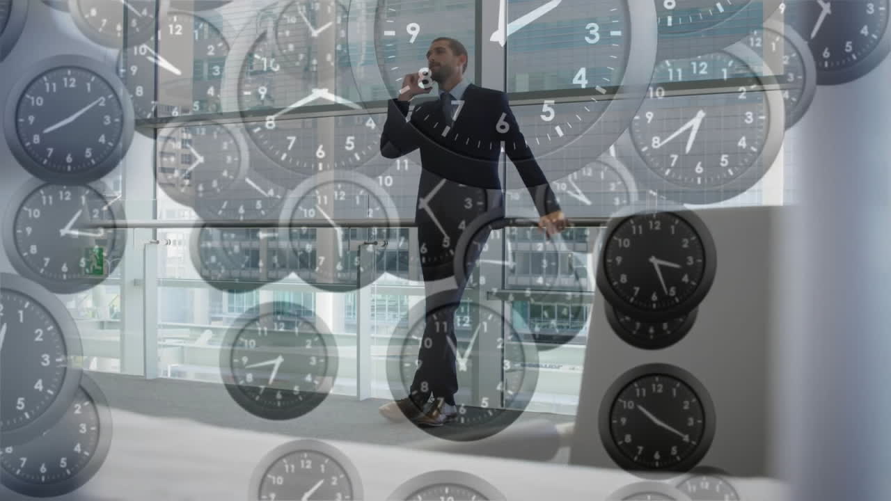 Animation of falling clocks with fast hands over caucasian businessman talking on smartphone