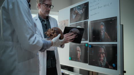 scientists examining a human skull with digital reconstruction