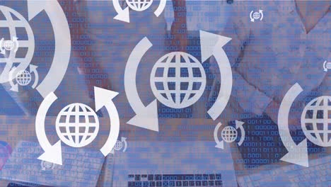 animación de iconos del globo y procesamiento de datos sobre diversas personas de negocios en la oficina