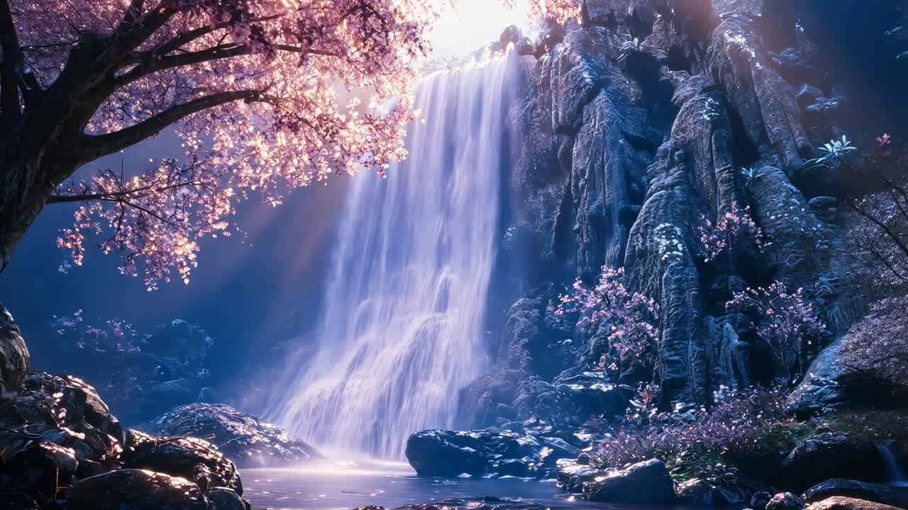 A serene waterfall cascades amidst cherry blossoms, captured from a low angle
