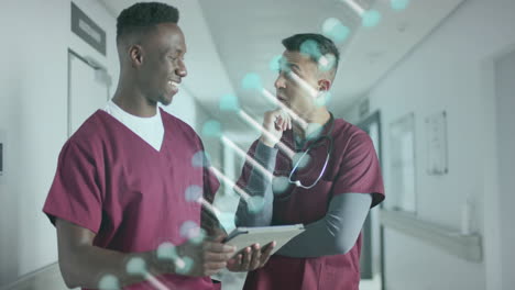 animation of dna strand over diverse doctors in hospital