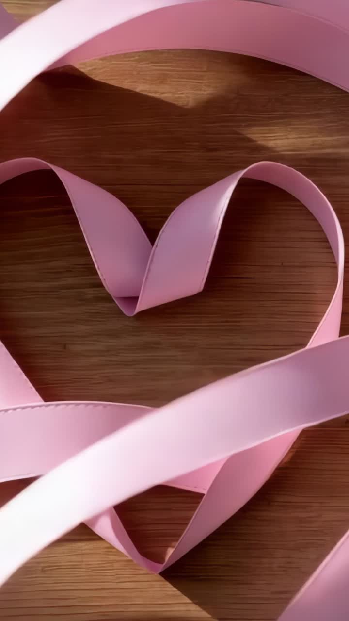 Vertical video: Entering hand draping pink satin ribbon around heart on wooden board, framing heart