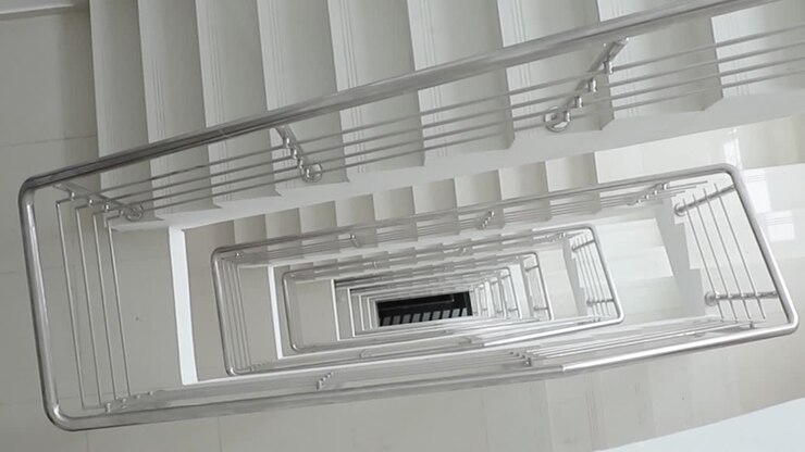 Vista em grande angular de escadas em apartamento moderno, vista superior, ninguém, arquitetura de padrão abstrato