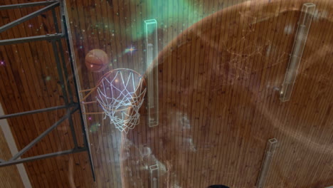 animation of networks of connections with globe over group of diverse basketball players at gym