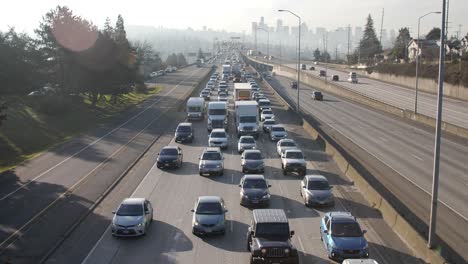 Cars-driving-through-city-traffic-on-I-5-in-Seattle