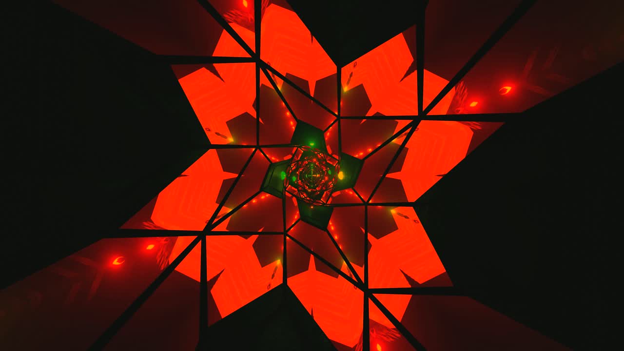 A dynamic video loop showcasing a tunnel adorned with bright red and orange lights. The visuals create a captivating, endless journey through a twisted geometric space