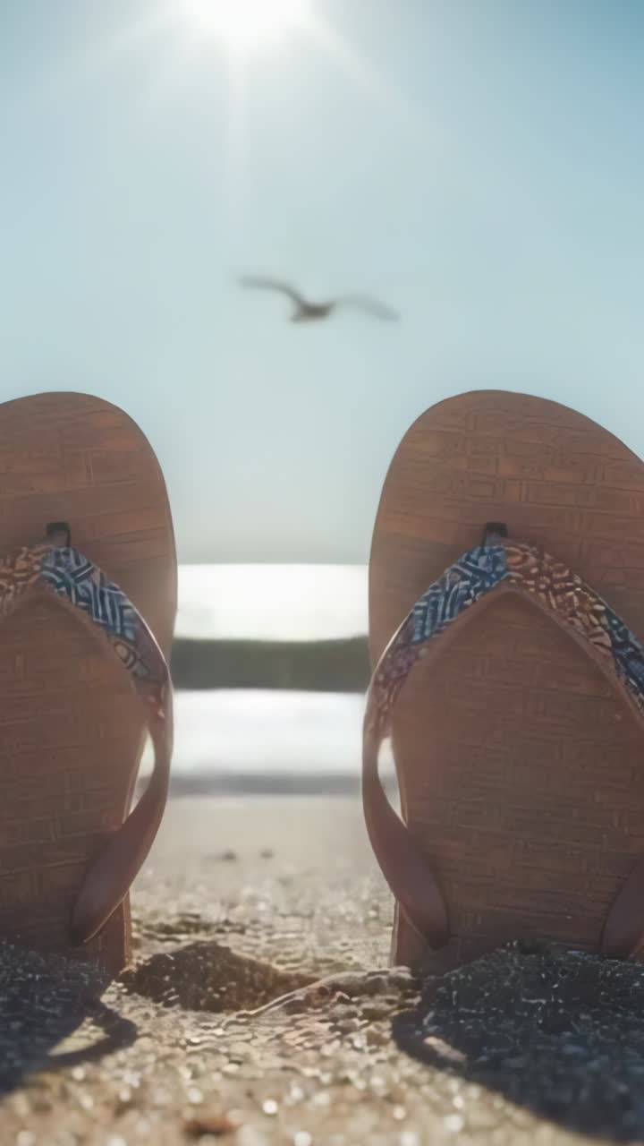 Vertical video: Camera capturing sun rising lighting flip-flops on sandy shore, seagull gliding