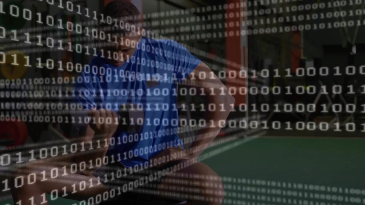Man on bench reaching to adjust gear, preparing workout while binary digits scrolling over subject