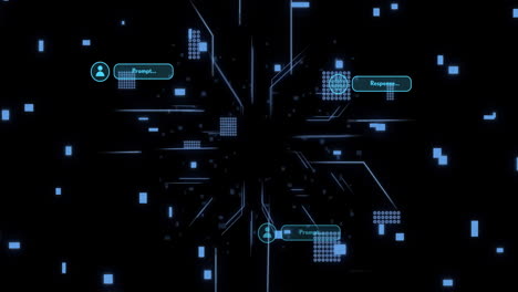 digital interface with response and prompt text, futuristic data processing animation