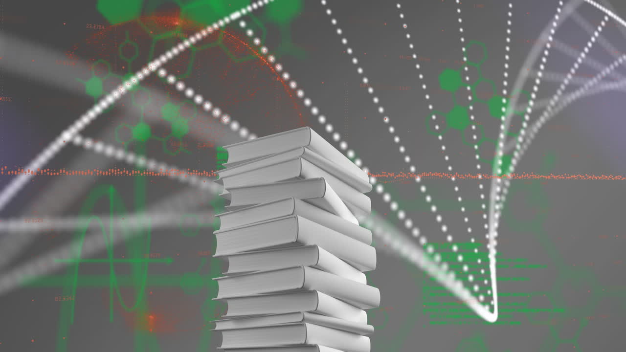 Stack of books with DNA strand and scientific data processing animation