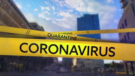 Yellow-police-tapes-with-Coronavirus,-Warning-and-Quarantine-text-against-Cityscape