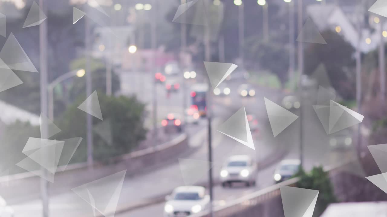 Curved road traffic moving when overlay triggers glass triangles drifting, grouping to show flow