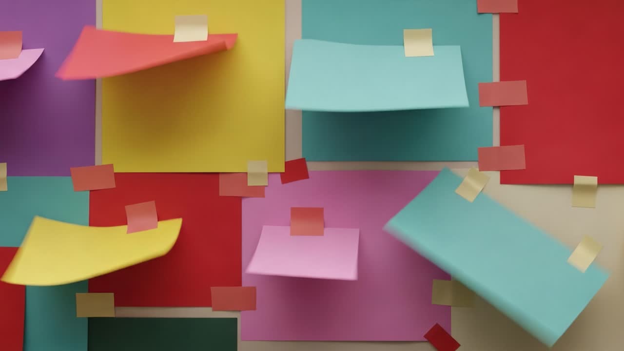 Dynamic Arrangement of Colorful Sticky Notes on a Wall: A Visual Exploration of Creativity and Organization Captured in Two Distinct Frames