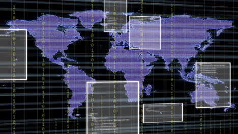 animación de procesamiento de datos y codificación binaria sobre el mapa del mundo