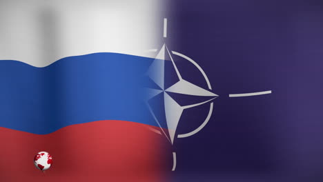 animation of globe and breaking news over flag of russia and nato