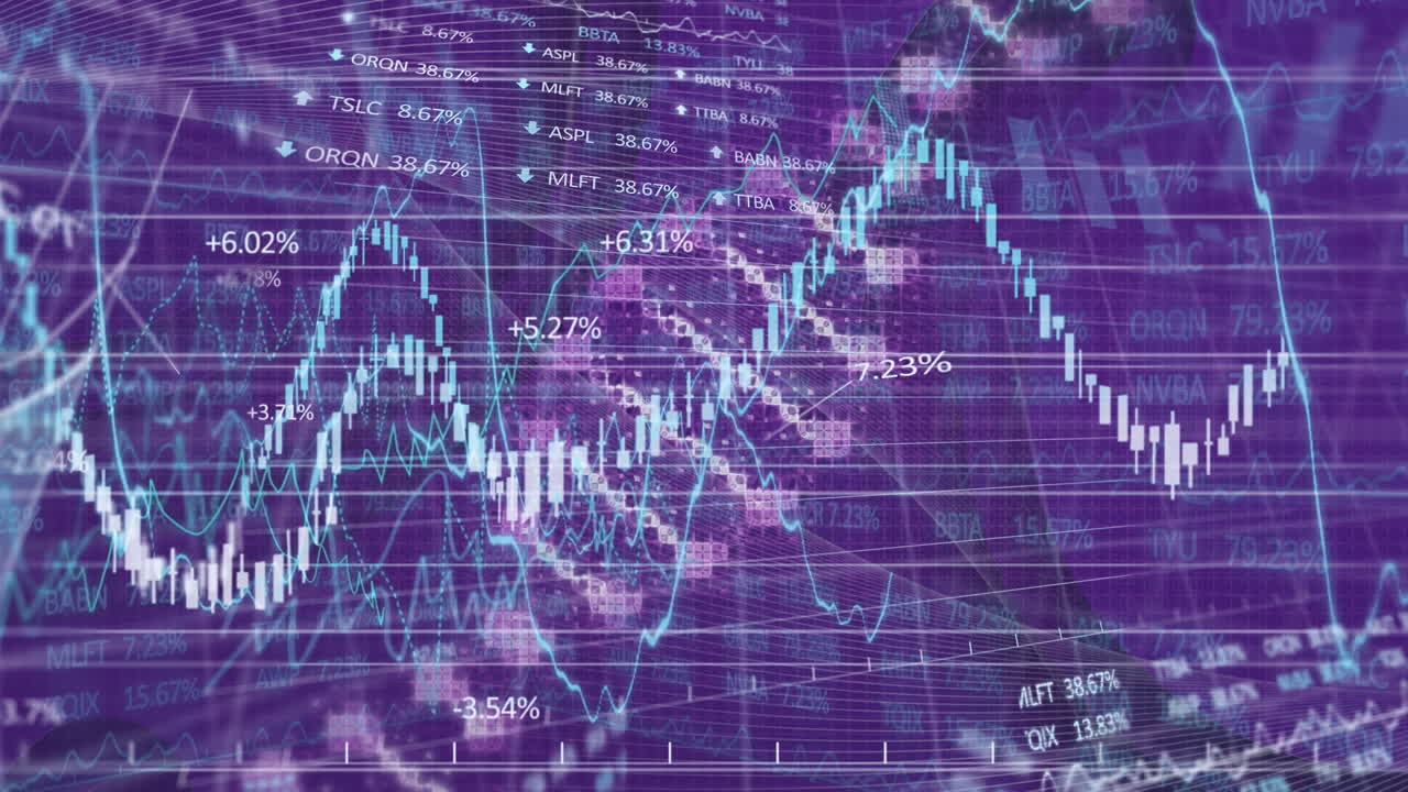 animación del procesamiento de datos financieros con cadena de adn en fondo púrpura.