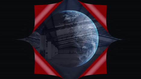 animation of red screen revealing globe over warehouse