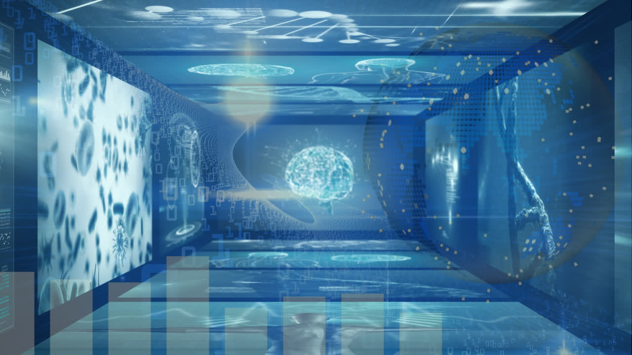 데이터 처리의 애니메이션과 파란색 배경 위의 지구