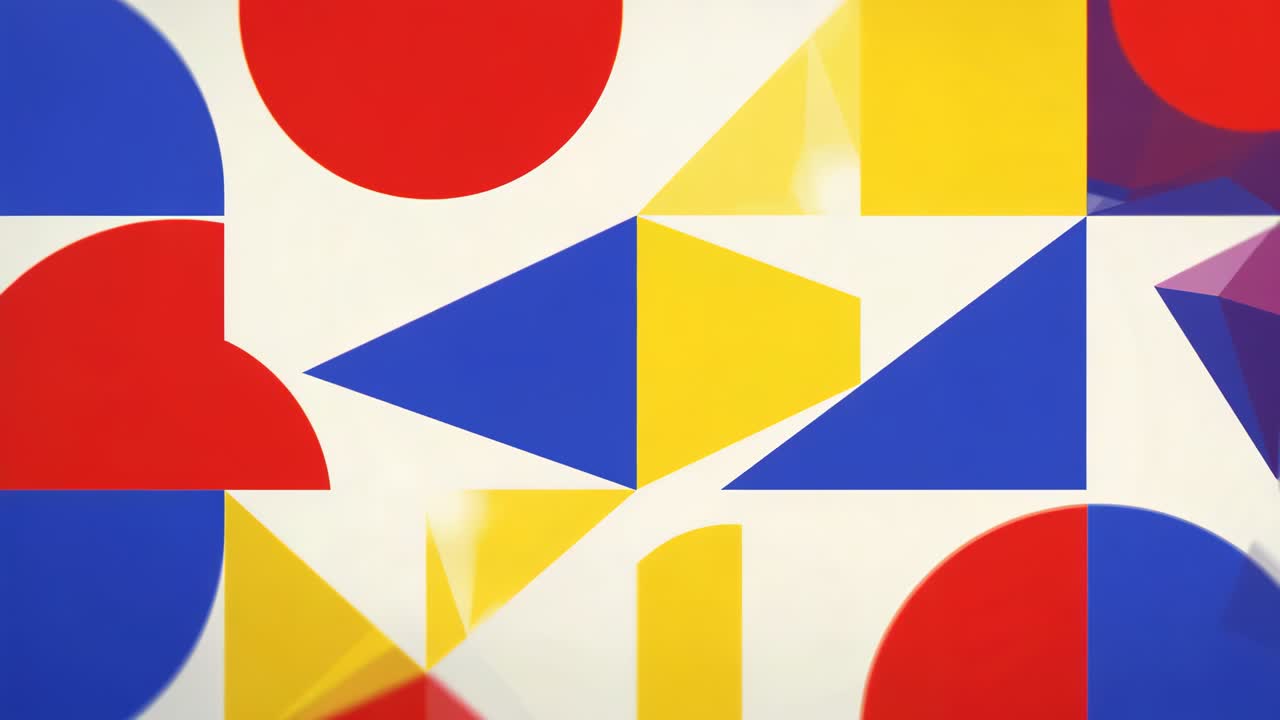 Timer counting causing glints flashing between primary geometric shapes on off-white background