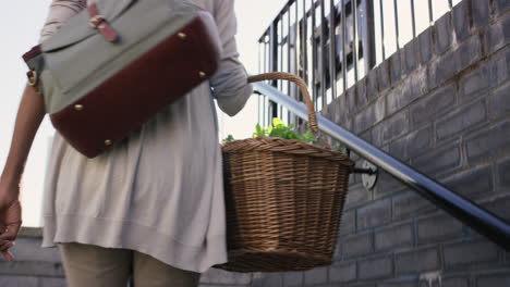 beautiful woman shopping basket healthy fresh vegetables walking in city