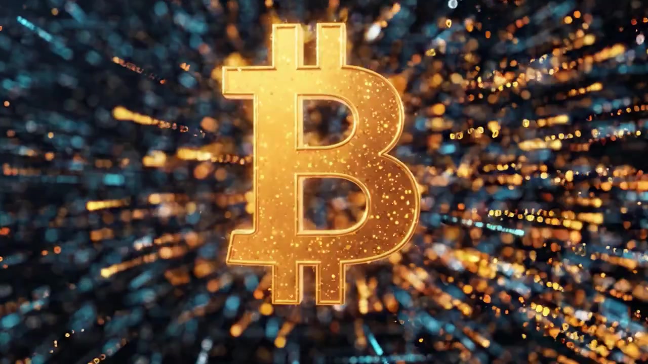 Visualizzazione dinamica del concetto di criptovaluta con un Bitcoin dorato in un ambiente digitale ad alta tecnologia, completo di particelle luminose e flussi di dati.