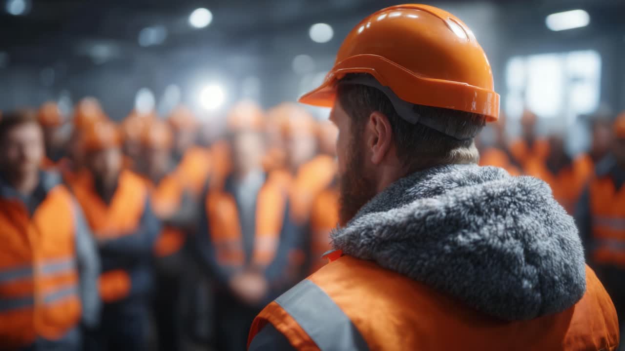 Gathered Workforce in Safety Gear Engaged in a Meeting, Highlighting Leadership and Team Camaraderie in an Industrial Setting