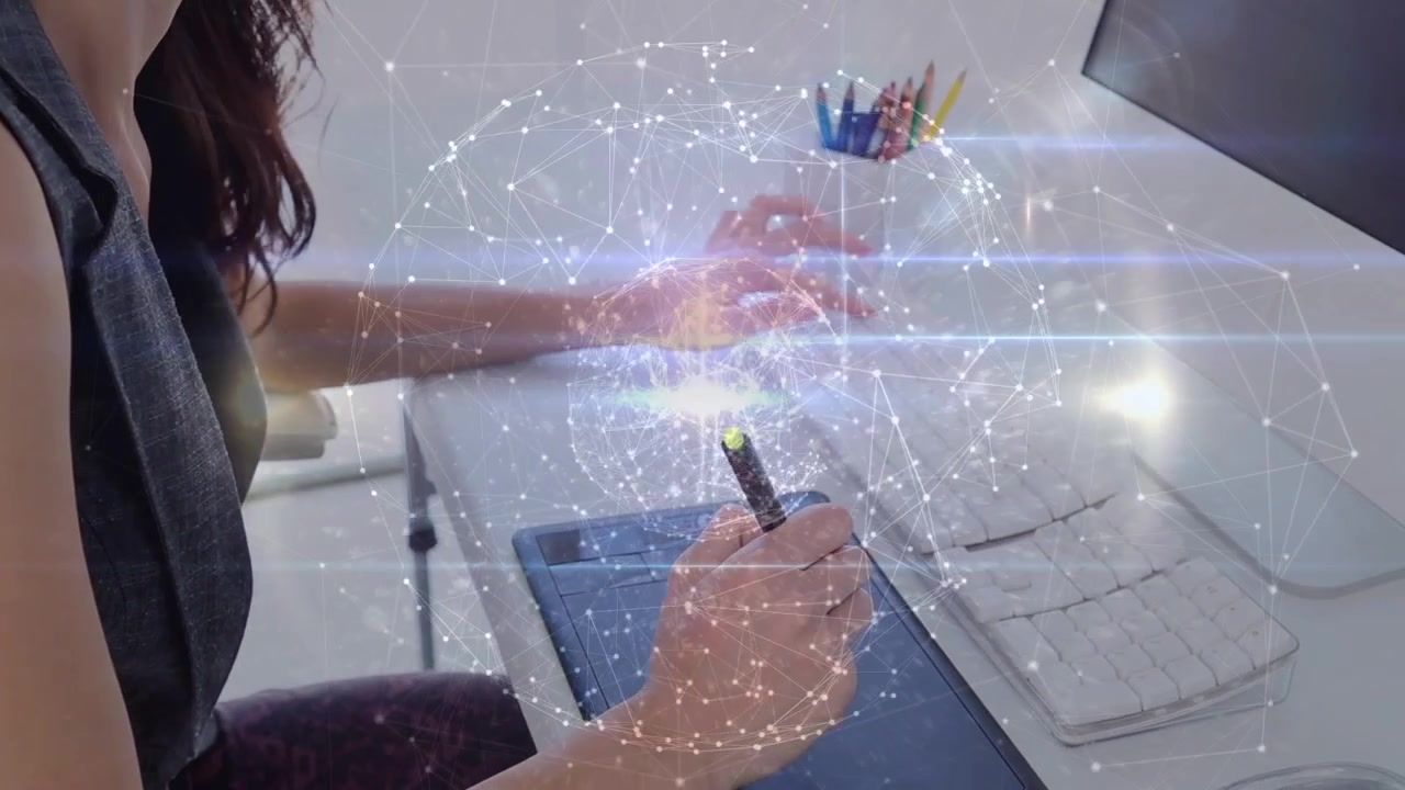 Animation of data processing over caucasian businesswoman writing