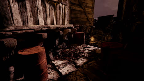 rustic alleyway with wooden walls and barrels during twilight hours