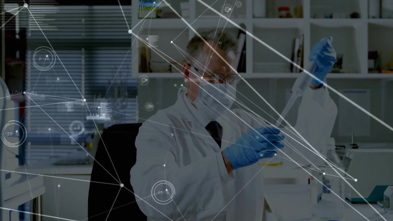 Senior scientist lifting flask triggers pipetting yellow solution for lab research with data flow