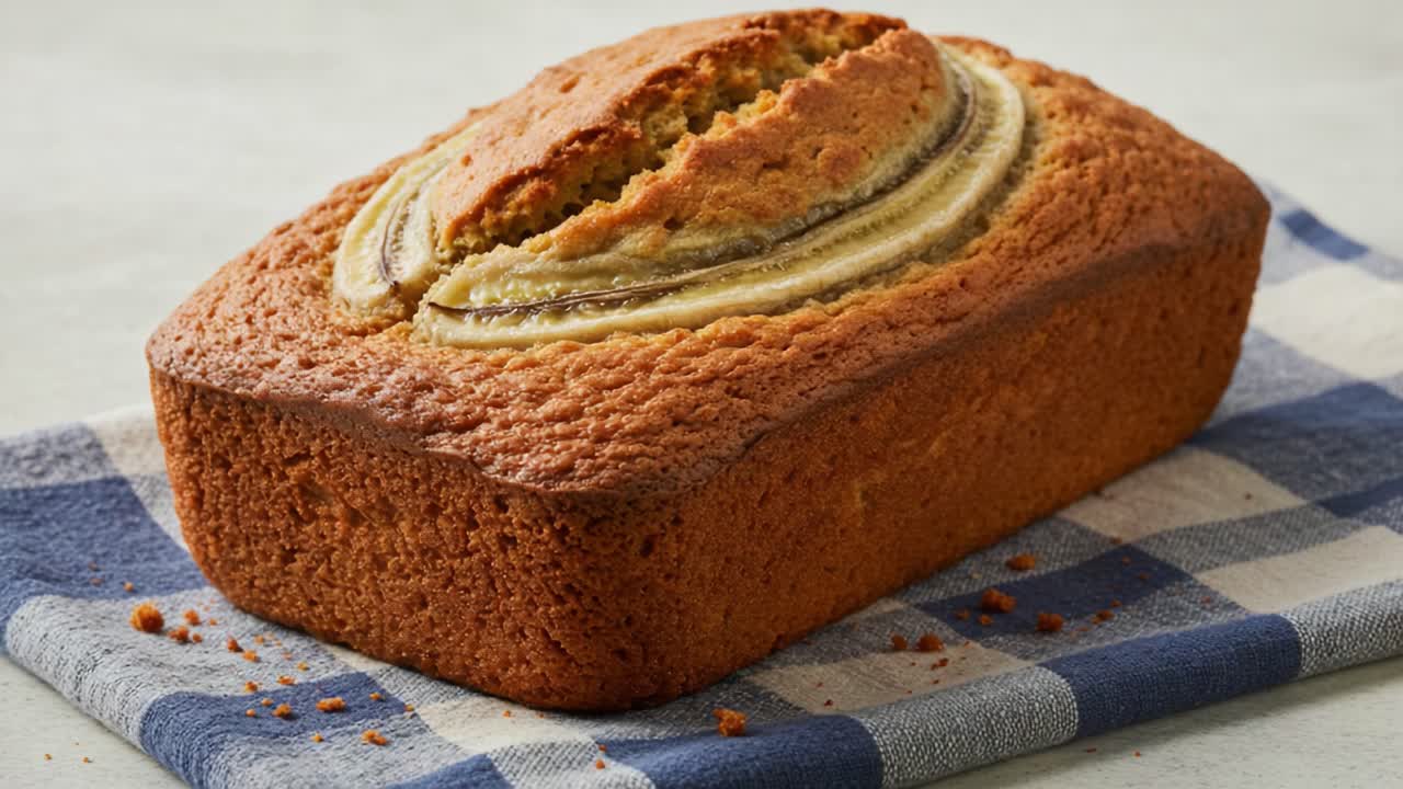 Deliciously Baked Banana Bread Loaf on a Checkered Towel, Showcasing a Golden Brown Crust with a Delightful Top, Perfect for Any Dessert or Snack Time Occasion