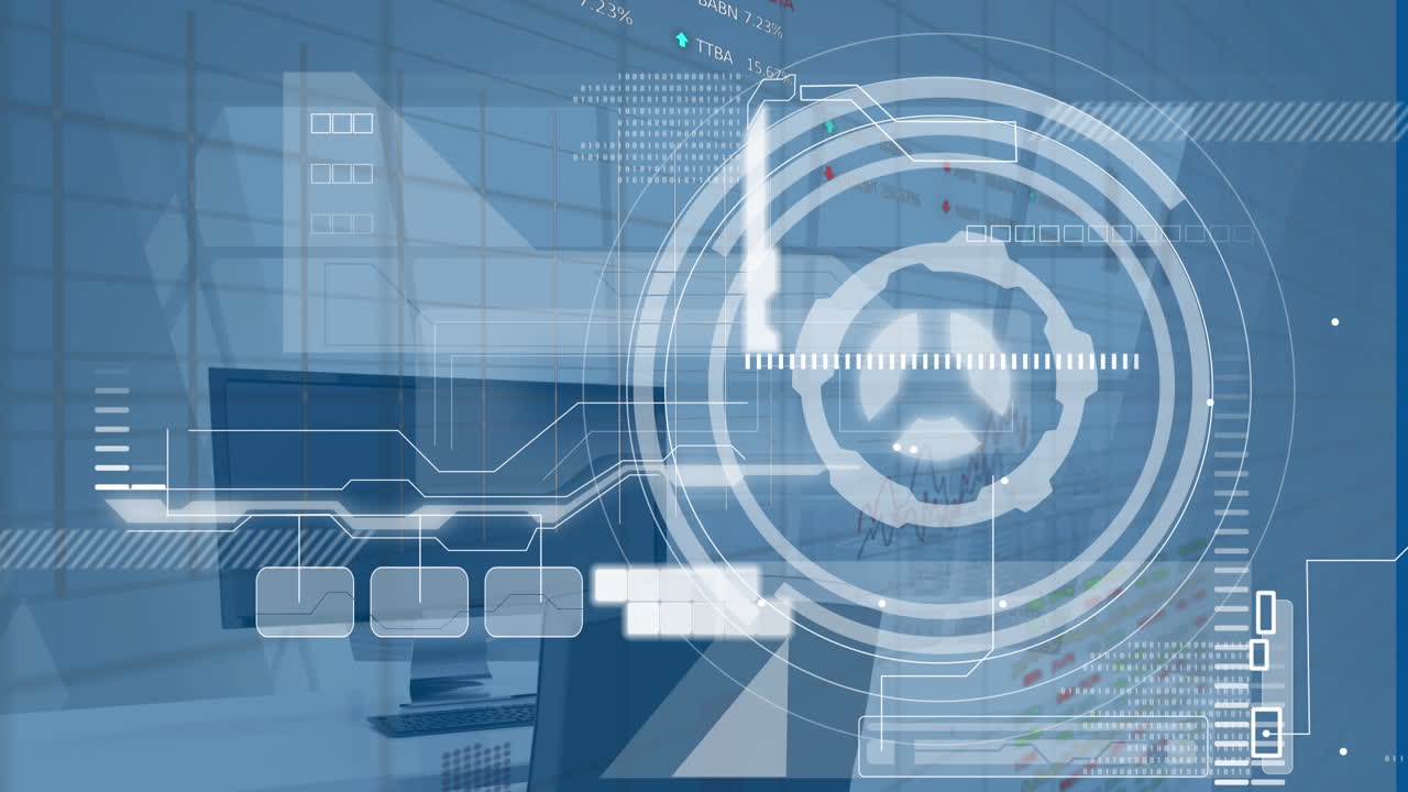 빈 사무실에서 스 ⁇  스캐닝과 데이터 처리의 애니메이션