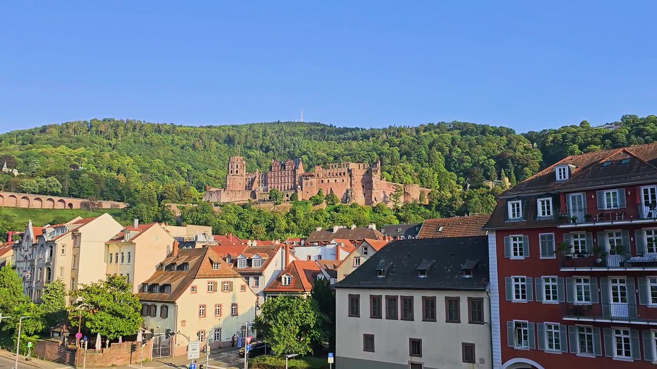 Vista della città di Heidelberg, Germania, con le rovine del Castello di Heidelberg su un versante verde, tetti rossi, case storiche, cielo azzurro e la calda luce del sole estivo sull'architettura del centro storico
