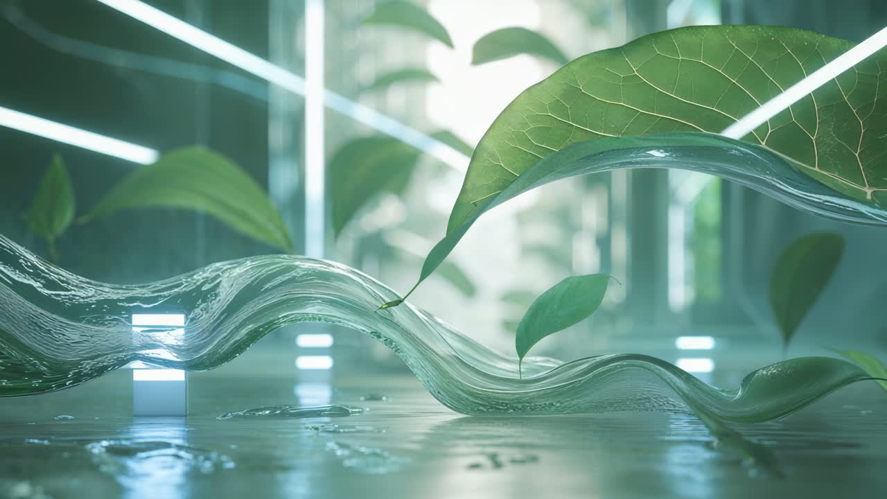 Abstract Biophilic Environment with Flowing Liquid and Green Leaves