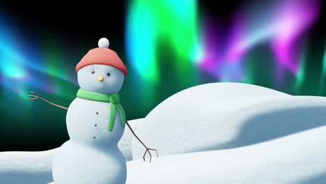 Animation-of-christmas-snow-man-moving-over-aurora-borealis-on-black-background