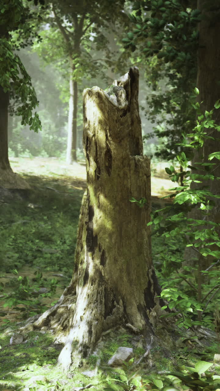 Stump surrounded by lush greenery in a serene forest setting