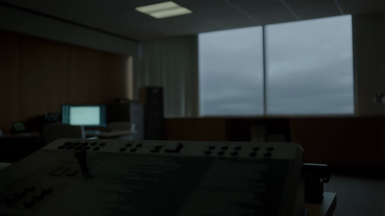 Close-up of a control panel in a dimly lit office
