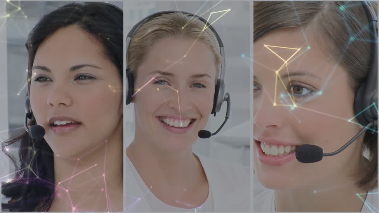 전화 헤드 ⁇ 을 사용하는 사업가 여성의 사진을 통해 연결 네트워크의 애니메이션