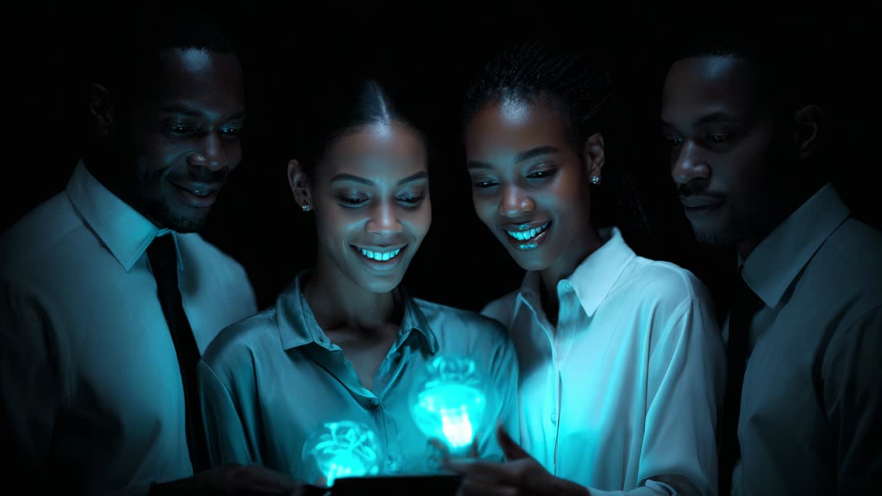 A Group of Friends Enthralled by the Glow of Futuristic Light in the Dark, Sharing an Exciting Moment of Discovery as They Interact with the Captivating, Ethereal Blue Objects in Their Hands