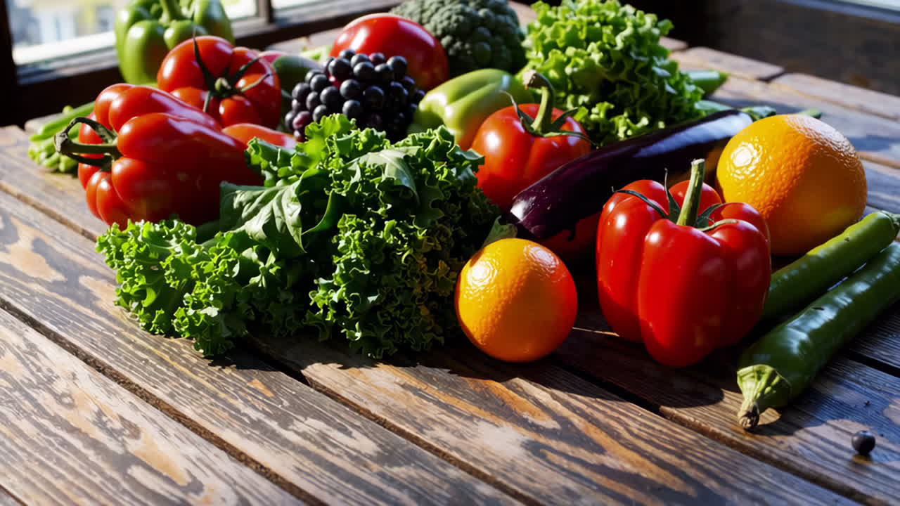 A vibrant assortment of fresh fruits and vegetables on a rustic wooden table