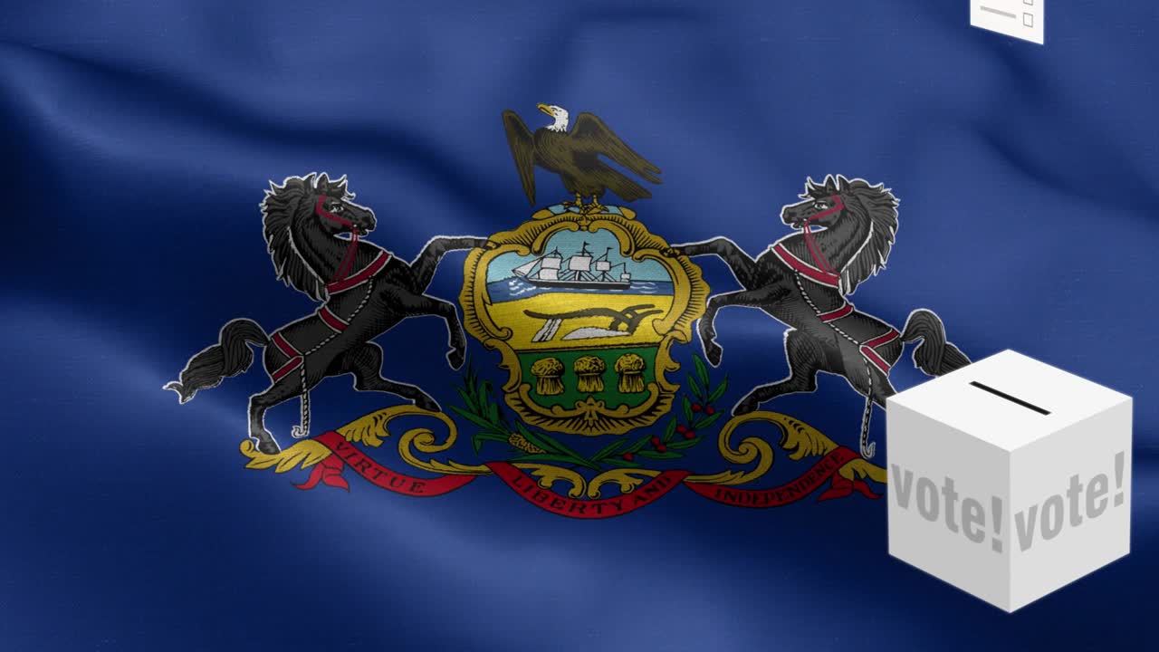 State of Pennsylvania - Ballots fly to box for Pennsylvania selection - Ballot box in front of flag - Election - Vote - National flag Pennsylvania State wave Pattern loopable Elements - Fabric texture and endless loop - Pennsylvania State Loopable Flag