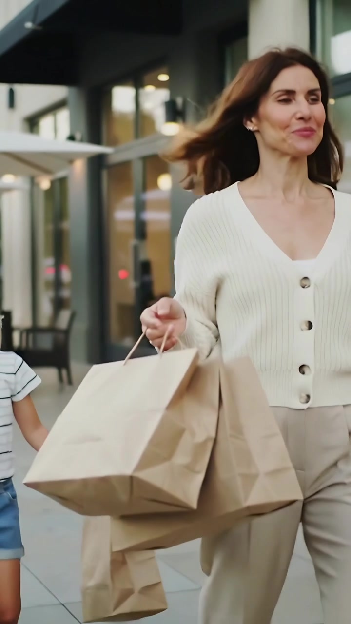 Video verticale: Mamma in cardigan color crema e figlia che camminano lungo i negozi, portando borse di carta.