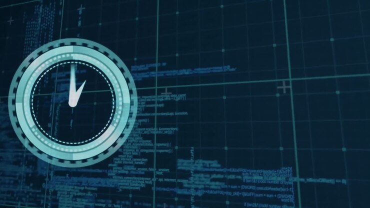 Animation of clock moving fast over digital data processing