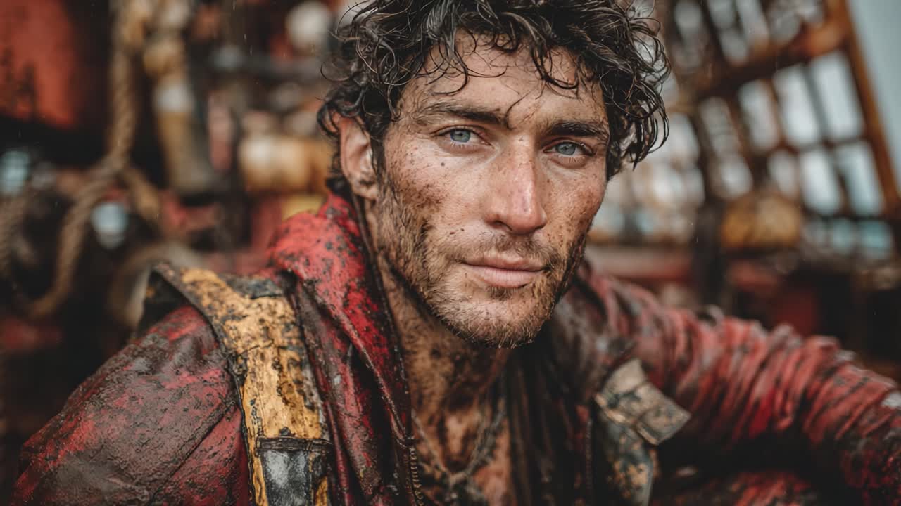 A Gritty Portrait of a Maritime Worker, Captured in the Harsh Environment of a Stormy Sea, Demonstrating Resilience and Determination Amidst Challenges