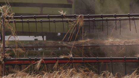 combine harvester mowing wheat field: slow-mo close-up