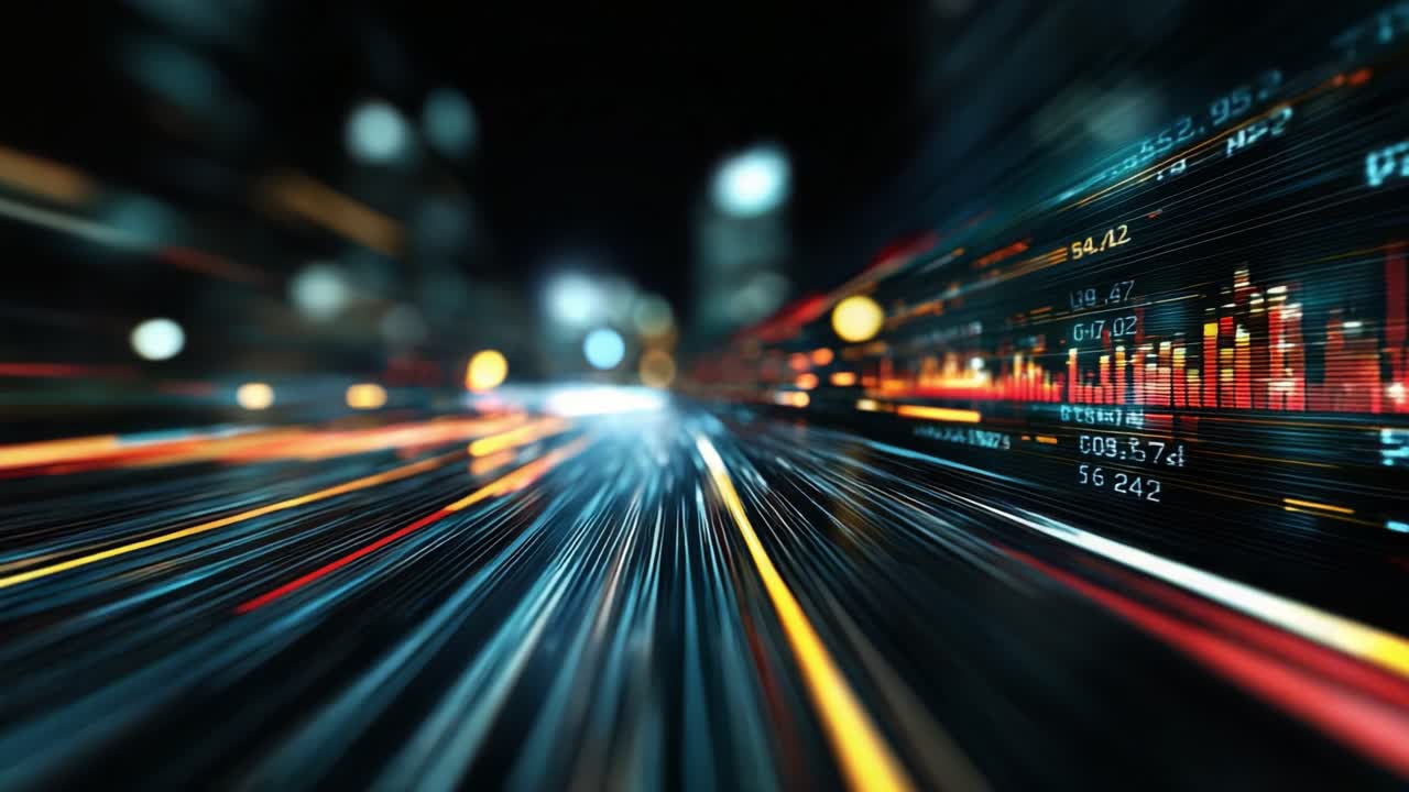 A High-Speed Journey through a Digital Cityscape: An Exploration of Light Trails and Data Visualization in Motion