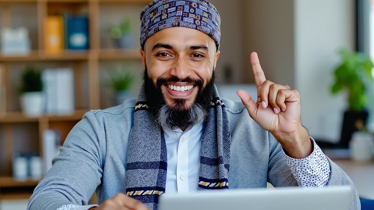 En man som sitter vid ett skrivbord med en bärbar dator som pekar mot kameran